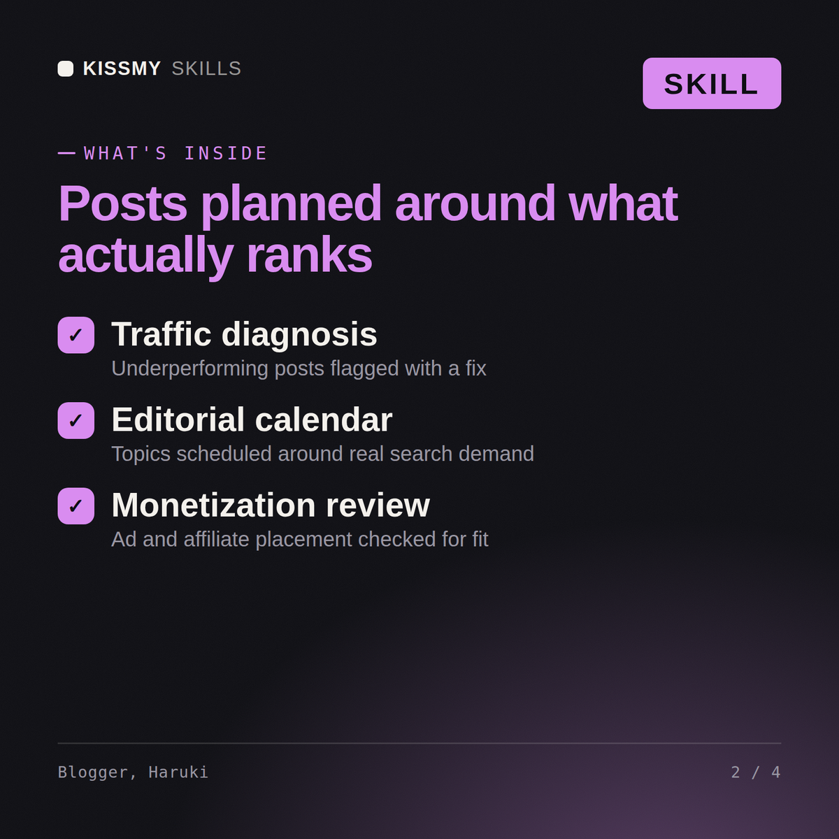What's inside the Blogger, Haruki AI skill: Traffic diagnosis, Editorial calendar, Monetization review