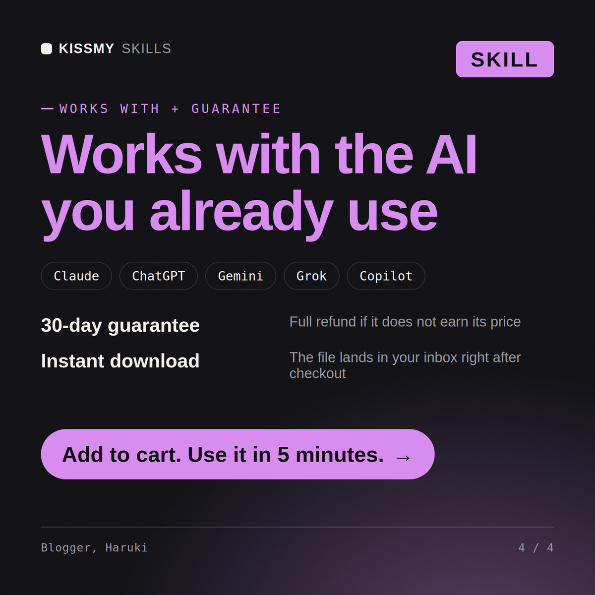 The Blogger, Haruki AI skill works with Claude, ChatGPT, Gemini and any AI chat, 30-day money-back guarantee