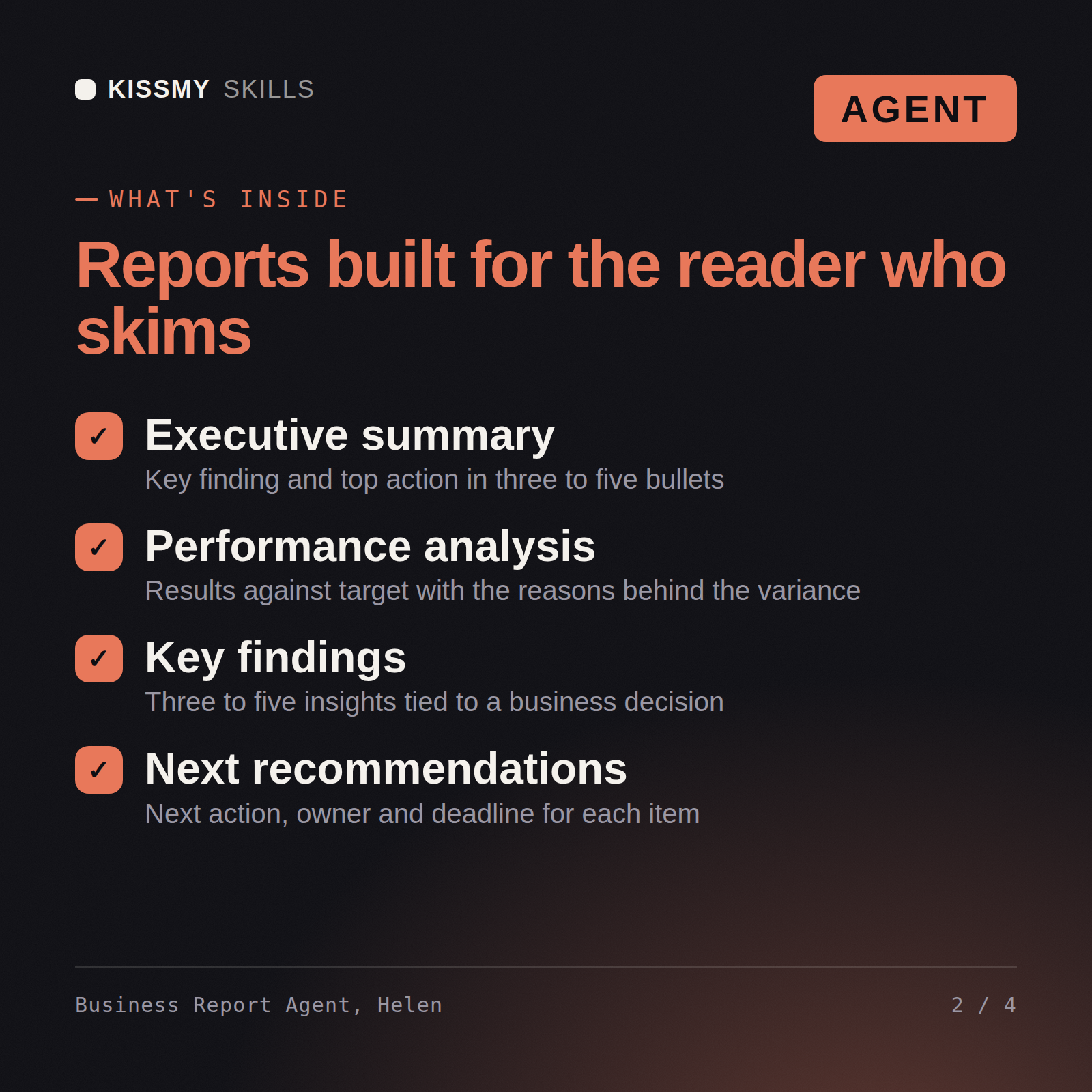 What's inside the Business Report Agent, Helen AI agent: Executive summary, Performance analysis, Key findings, Next recommendations