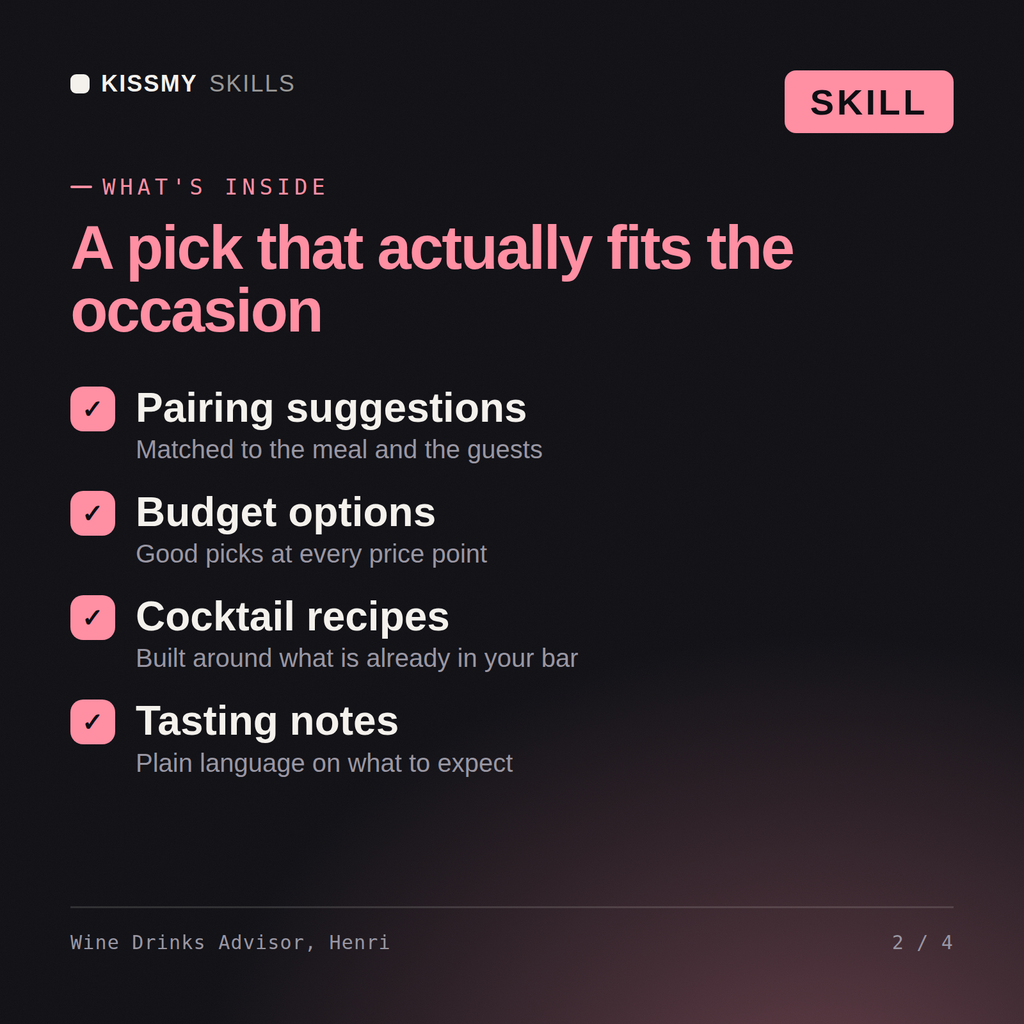 What's inside the Wine Drinks Advisor, Henri AI skill: Pairing suggestions, Budget options, Cocktail recipes, Tasting notes