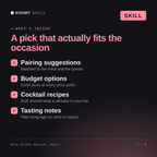 What's inside the Wine Drinks Advisor, Henri AI skill: Pairing suggestions, Budget options, Cocktail recipes, Tasting notes