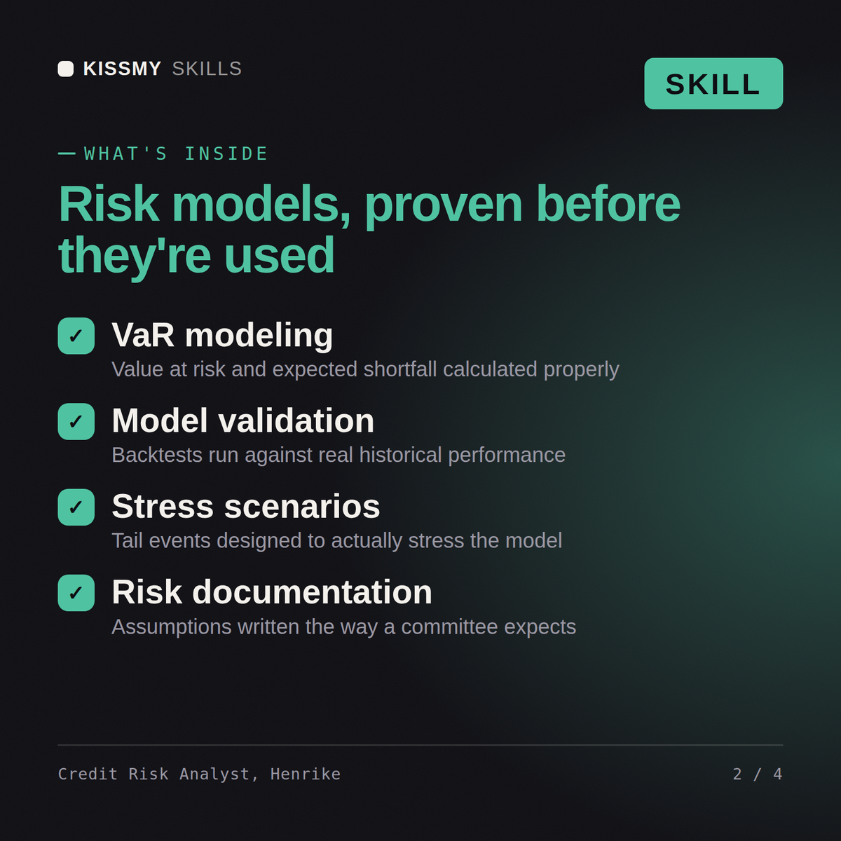 What's inside the Credit Risk Analyst, Henrike AI skill: VaR modeling, Model validation, Stress scenarios, Risk documentation