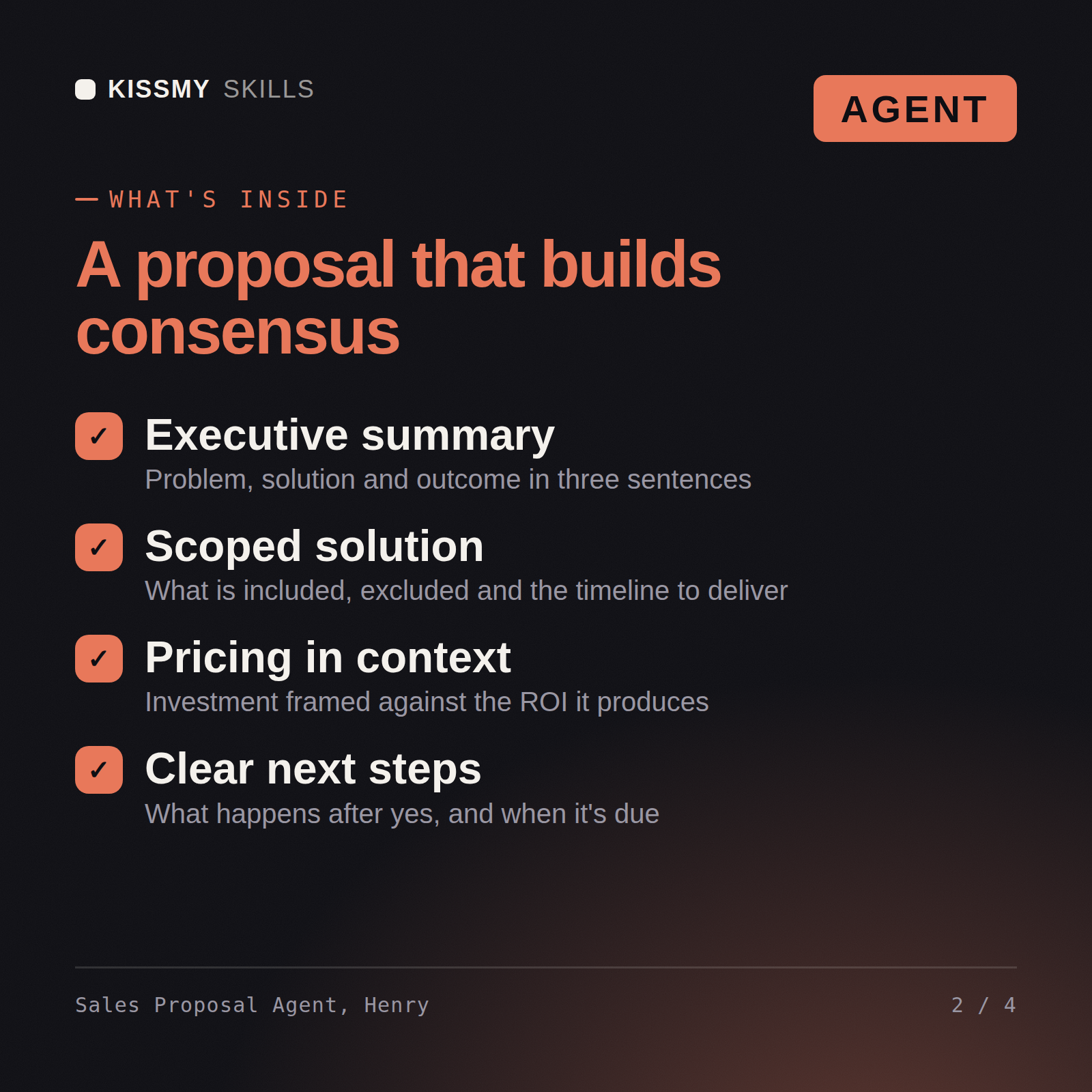 What's inside the Sales Proposal Agent, Henry AI agent: Executive summary, Scoped solution, Pricing in context, Clear next steps