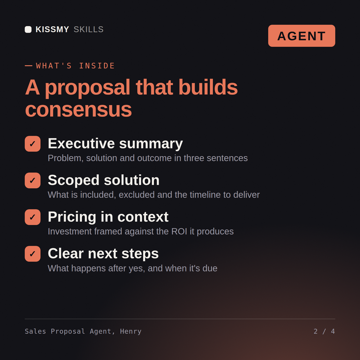 What's inside the Sales Proposal Agent, Henry AI agent: Executive summary, Scoped solution, Pricing in context, Clear next steps