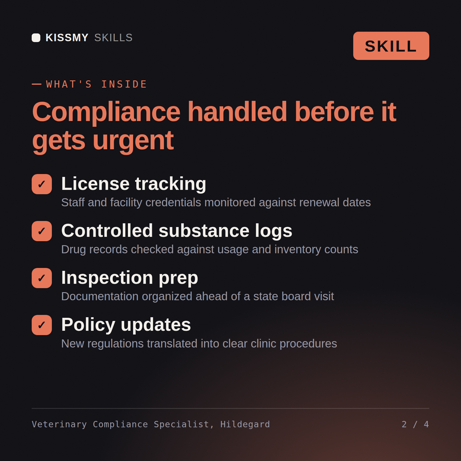 What's inside the Veterinary Compliance Specialist, Hildegard AI skill: License tracking, Controlled substance logs, Inspection prep, Policy updates