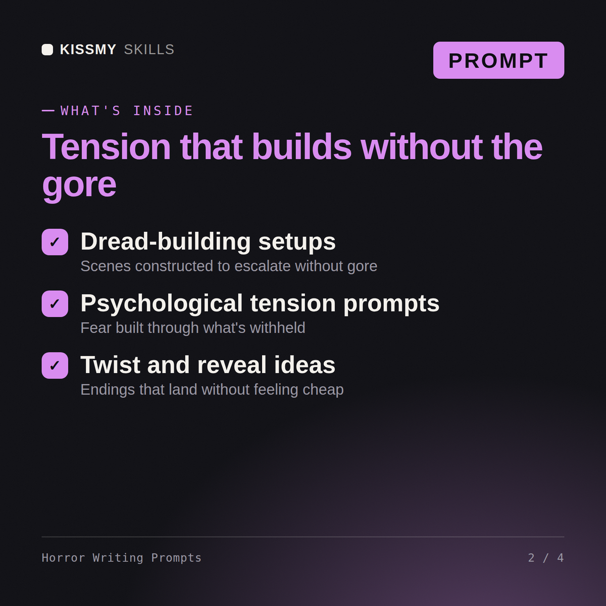 What's inside the Horror Writing Prompts AI prompt: Dread-building setups, Psychological tension prompts, Twist and reveal ideas