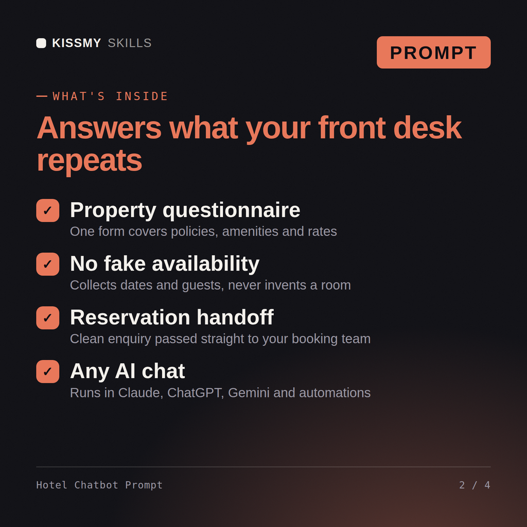 What's inside the Hotel Chatbot Prompt AI prompt: Property questionnaire, No fake availability, Reservation handoff, Any AI chat