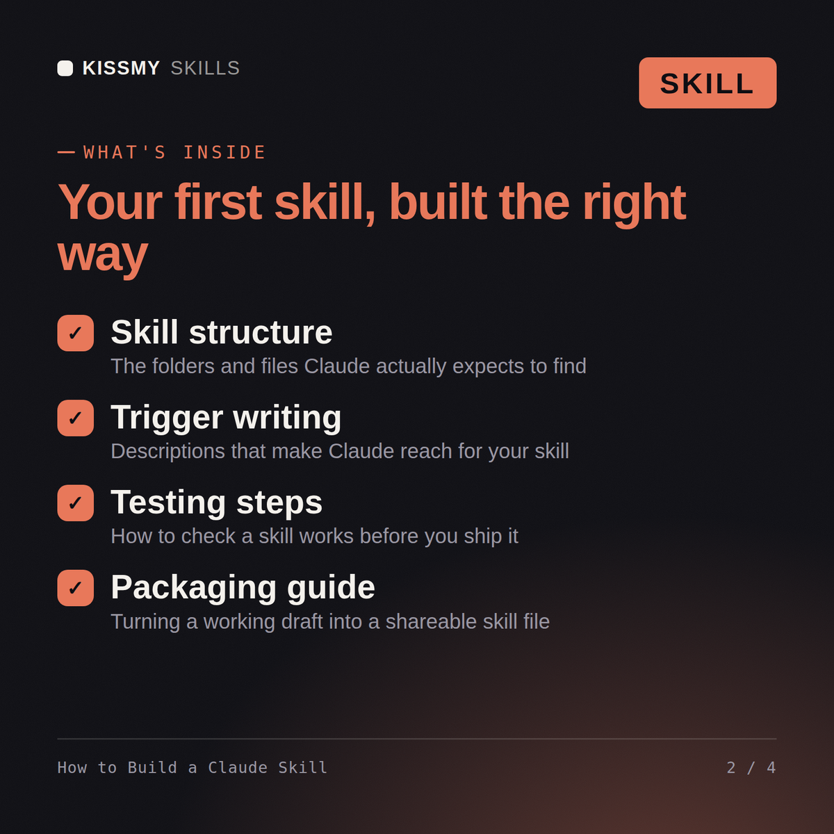 What's inside the How to Build a Claude Skill AI skill: Skill structure, Trigger writing, Testing steps, Packaging guide
