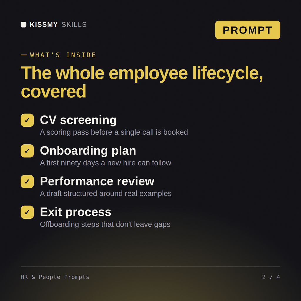 What's inside the HR & People Prompts AI prompt: CV screening, Onboarding plan, Performance review, Exit process