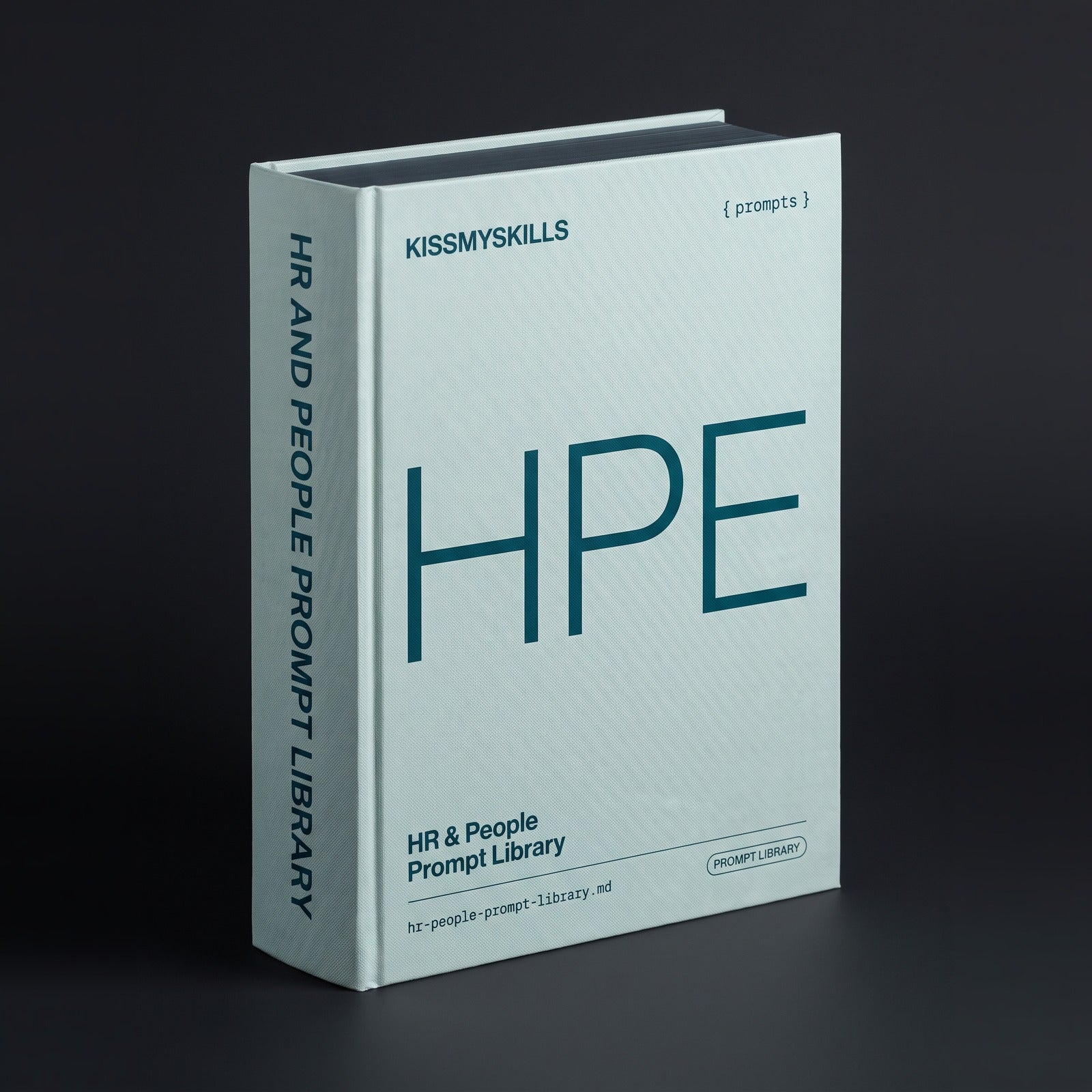 HR & People prompts for Claude by KissMySkills, pale sea-glass bookcloth cover with the monogram HPE