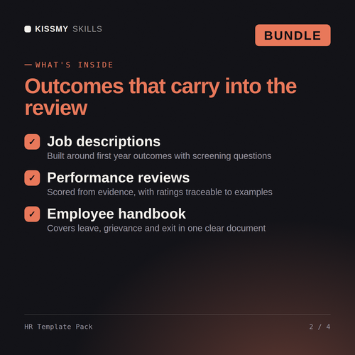 What's inside the HR Template Pack AI bundle: Job descriptions, Performance reviews, Employee handbook