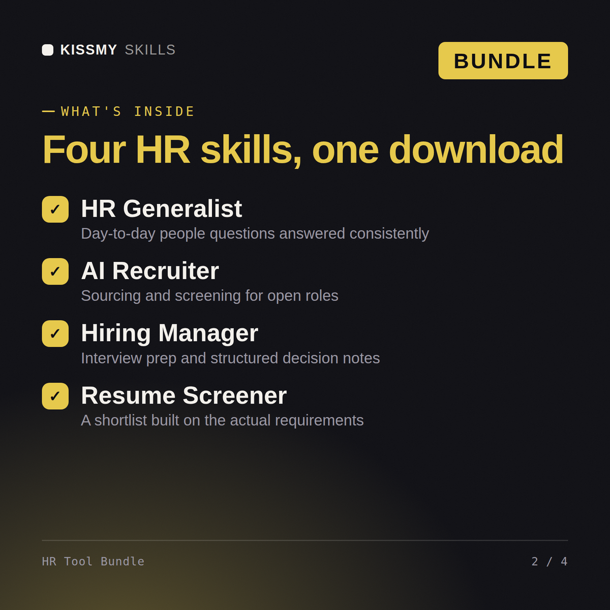 What's inside the HR Tool Bundle AI bundle: HR Generalist, AI Recruiter, Hiring Manager, Resume Screener