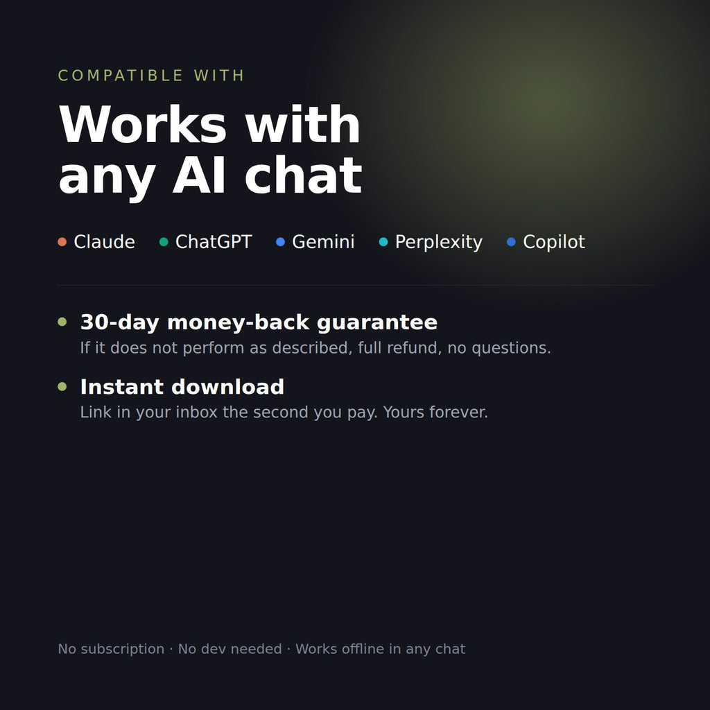 Works with any AI chat, 30-day money-back guarantee, instant download