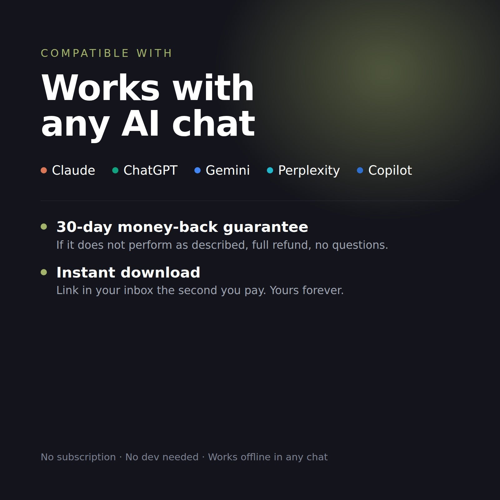 Works with any AI chat, 30-day money-back guarantee, instant download