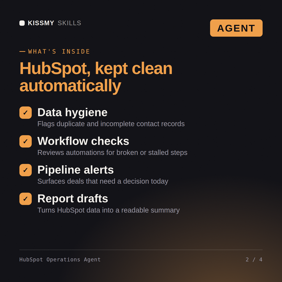 What's inside the HubSpot Operations Agent AI agent: Data hygiene, Workflow checks, Pipeline alerts, Report drafts