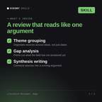 What's inside the Literature Reviewer, Hugo AI skill: Theme grouping, Gap analysis, Synthesis writing