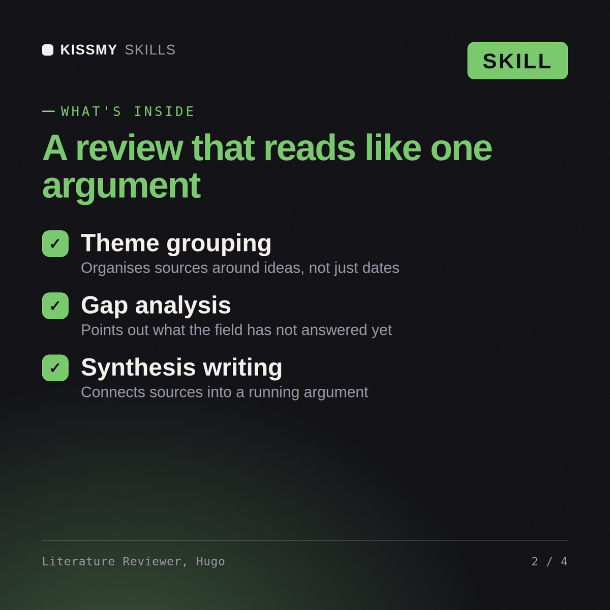 What's inside the Literature Reviewer, Hugo AI skill: Theme grouping, Gap analysis, Synthesis writing