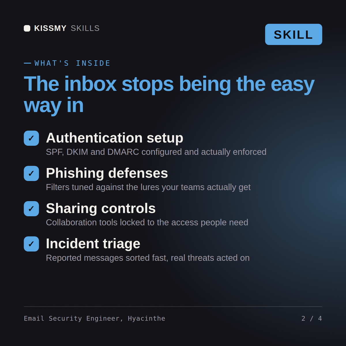 What's inside the Email Security Engineer, Hyacinthe AI skill: Authentication setup, Phishing defenses, Sharing controls, Incident triage