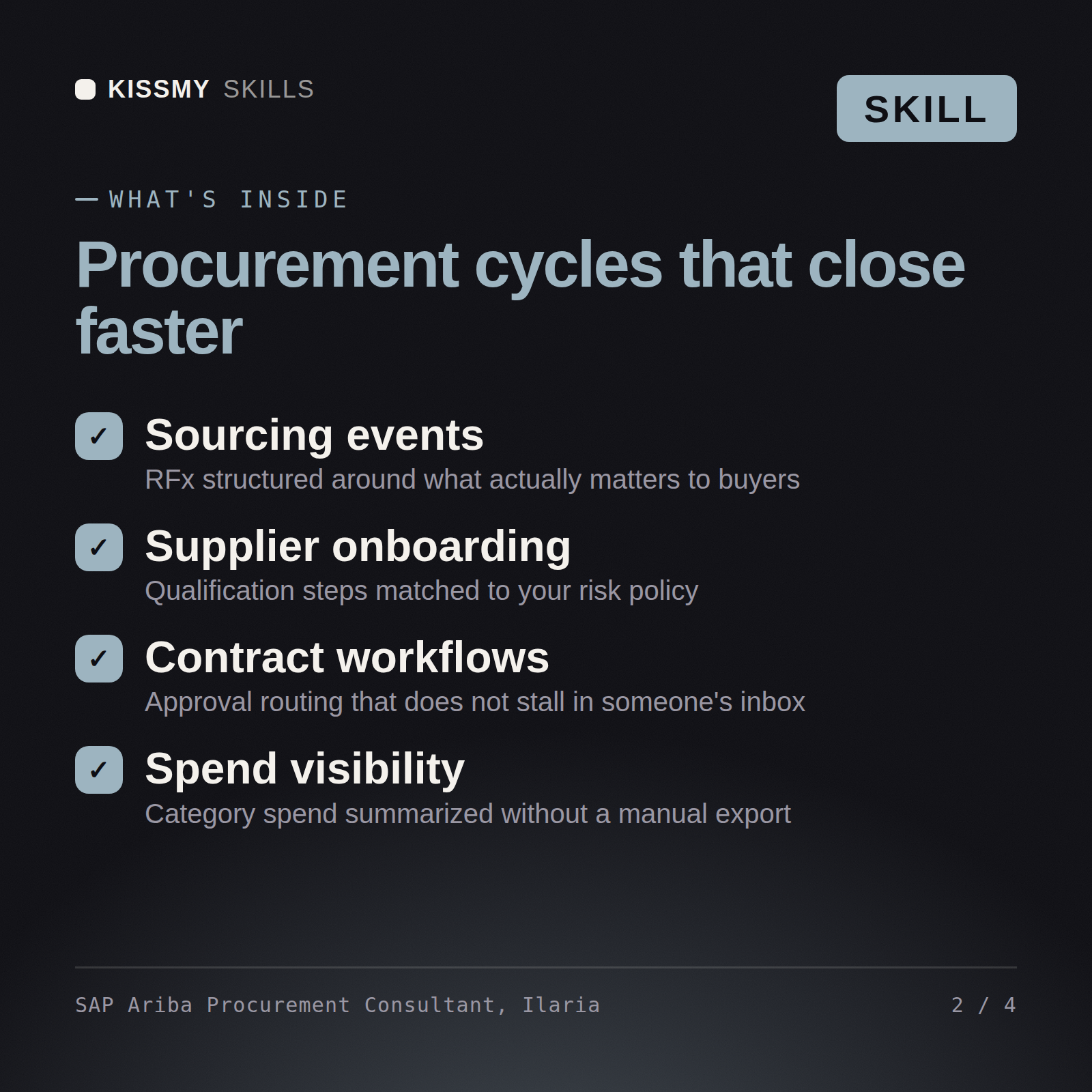 What's inside the SAP Ariba Procurement Consultant, Ilaria AI skill: Sourcing events, Supplier onboarding, Contract workflows, Spend visibility