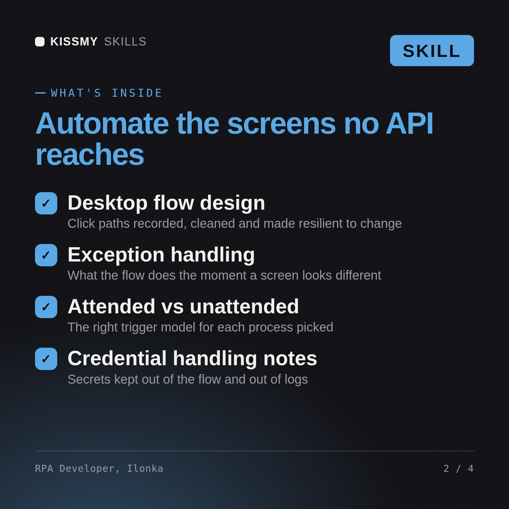 What's inside the RPA Developer, Ilonka AI skill: Desktop flow design, Exception handling, Attended vs unattended, Credential handling notes