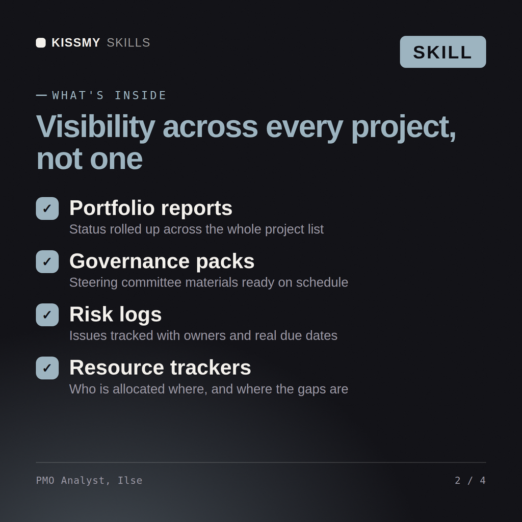 What's inside the PMO Analyst, Ilse AI skill: Portfolio reports, Governance packs, Risk logs, Resource trackers