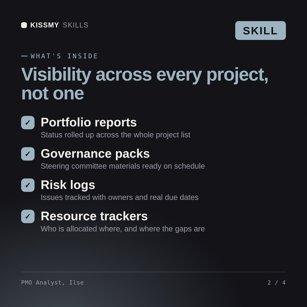 What's inside the PMO Analyst, Ilse AI skill: Portfolio reports, Governance packs, Risk logs, Resource trackers