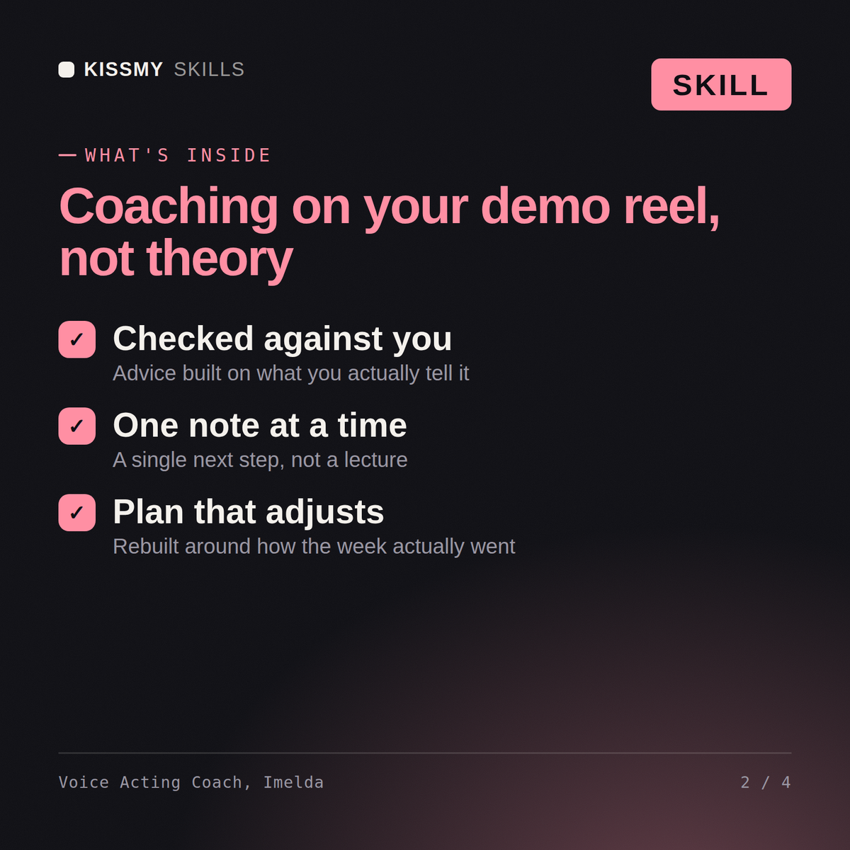 What's inside the Voice Acting Coach, Imelda AI skill: Checked against you, One note at a time, Plan that adjusts