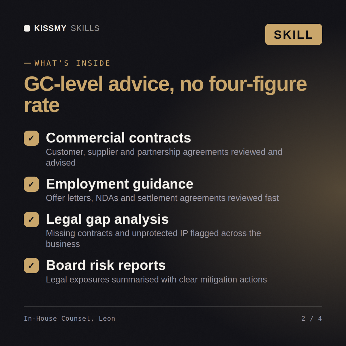 What's inside the In-House Counsel, Leon AI skill: Commercial contracts, Employment guidance, Legal gap analysis, Board risk reports