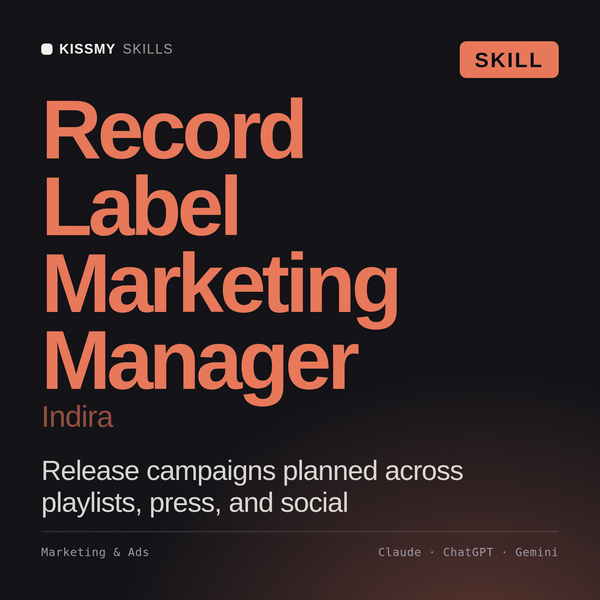 Record Label Marketing Manager, Indira AI skill by KissMySkills, cover