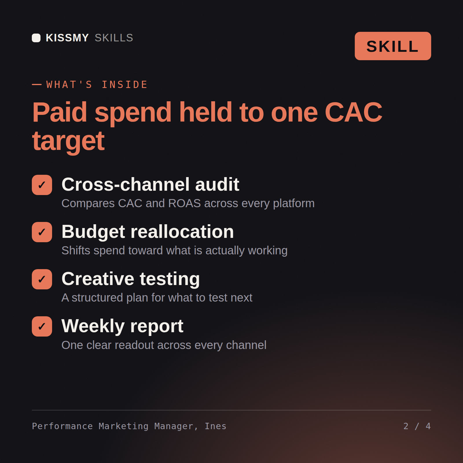 What's inside the Performance Marketing Manager, Ines AI skill: Cross-channel audit, Budget reallocation, Creative testing, Weekly report