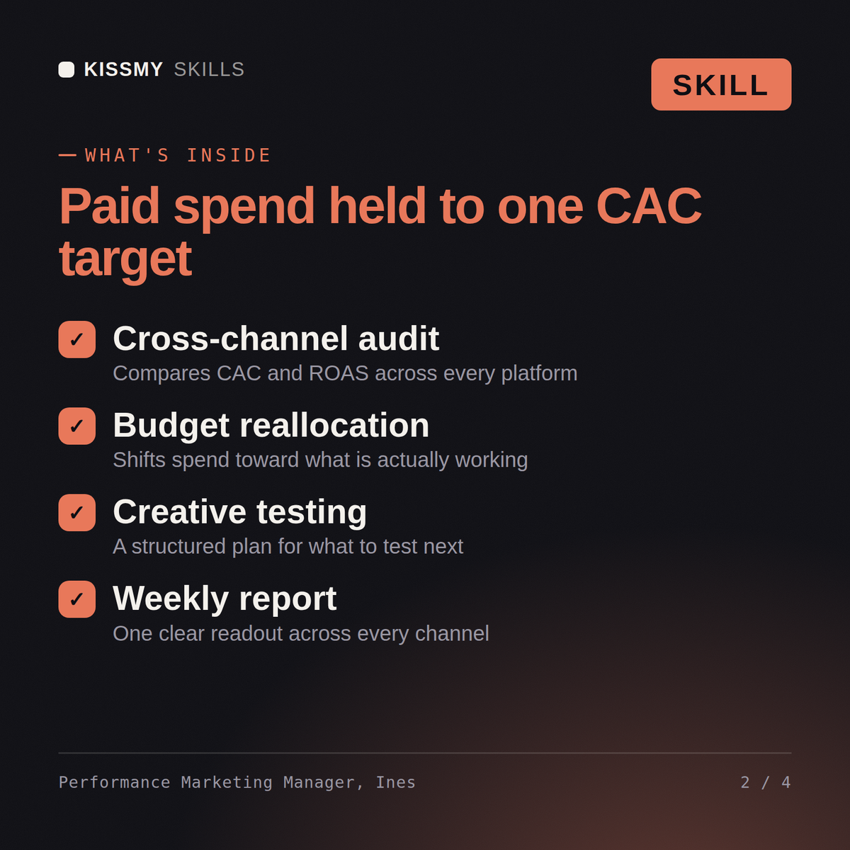 What's inside the Performance Marketing Manager, Ines AI skill: Cross-channel audit, Budget reallocation, Creative testing, Weekly report