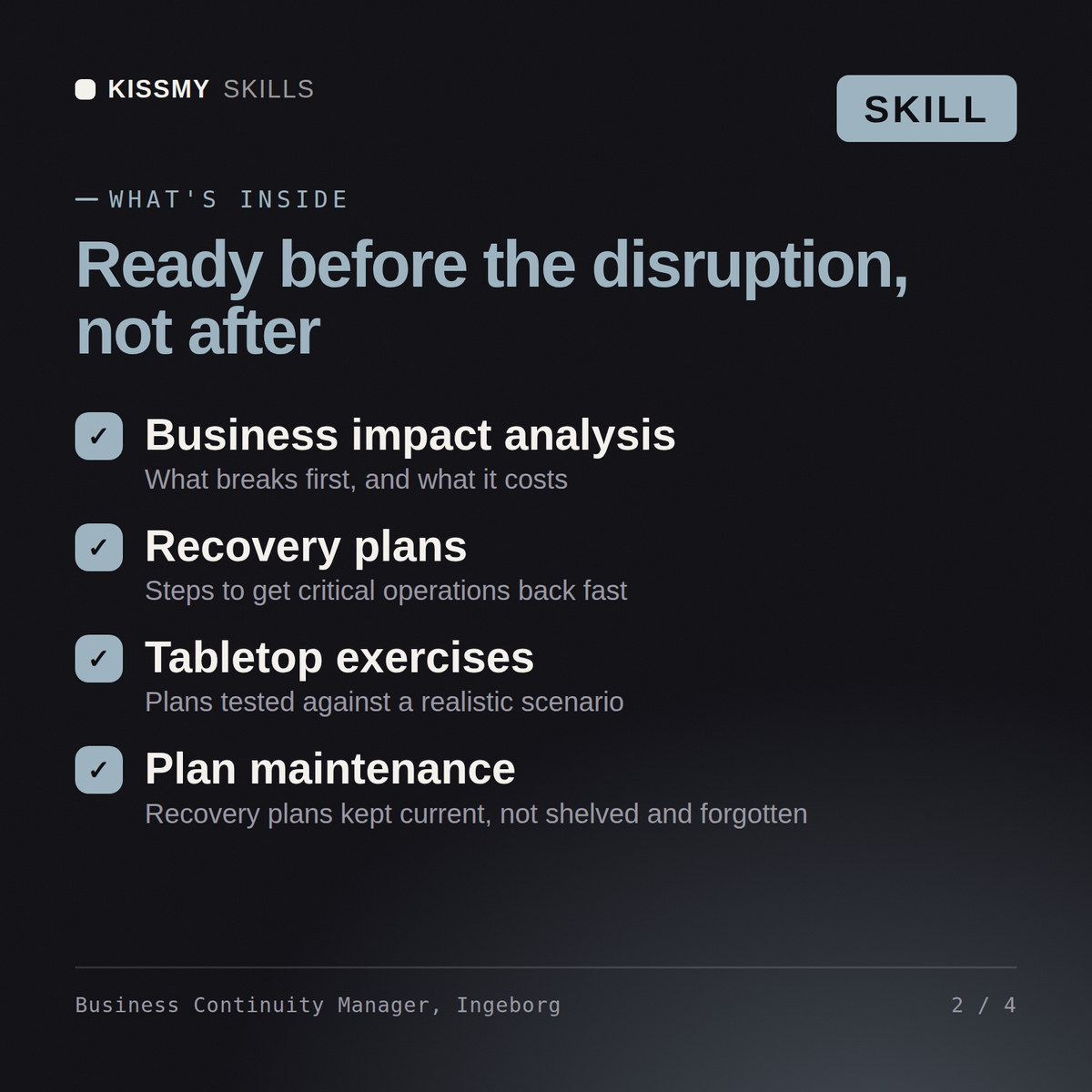 What's inside the Business Continuity Manager, Ingeborg AI skill: Business impact analysis, Recovery plans, Tabletop exercises, Plan maintenance