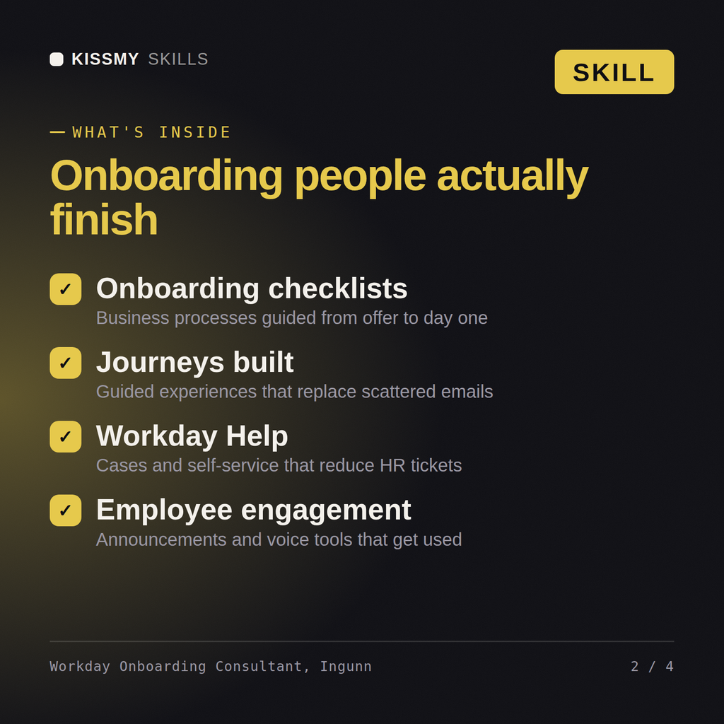 What's inside the Workday Onboarding Consultant, Ingunn AI skill: Onboarding checklists, Journeys built, Workday Help, Employee engagement