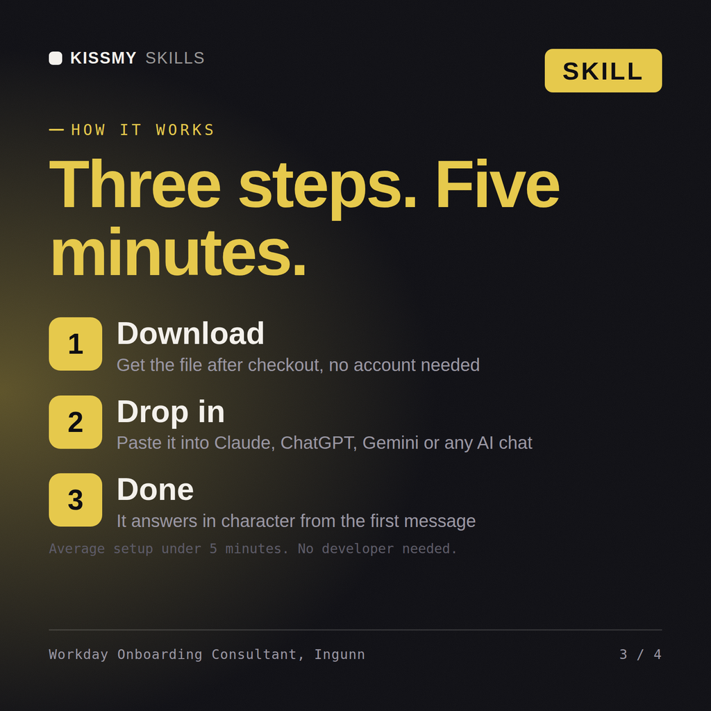How the Workday Onboarding Consultant, Ingunn AI skill works in three steps: download, drop it into your AI chat, done