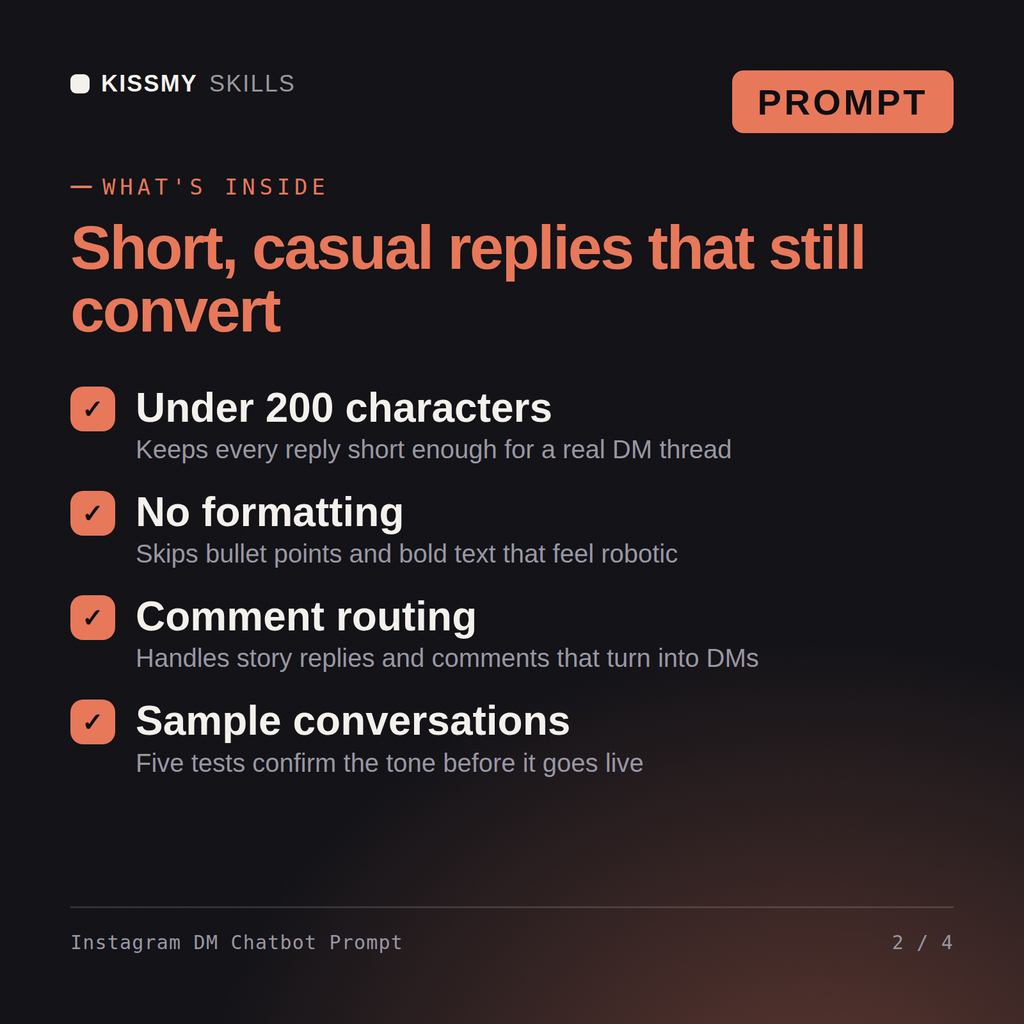 What's inside the Instagram DM Chatbot Prompt AI prompt: Under 200 characters, No formatting, Comment routing, Sample conversations