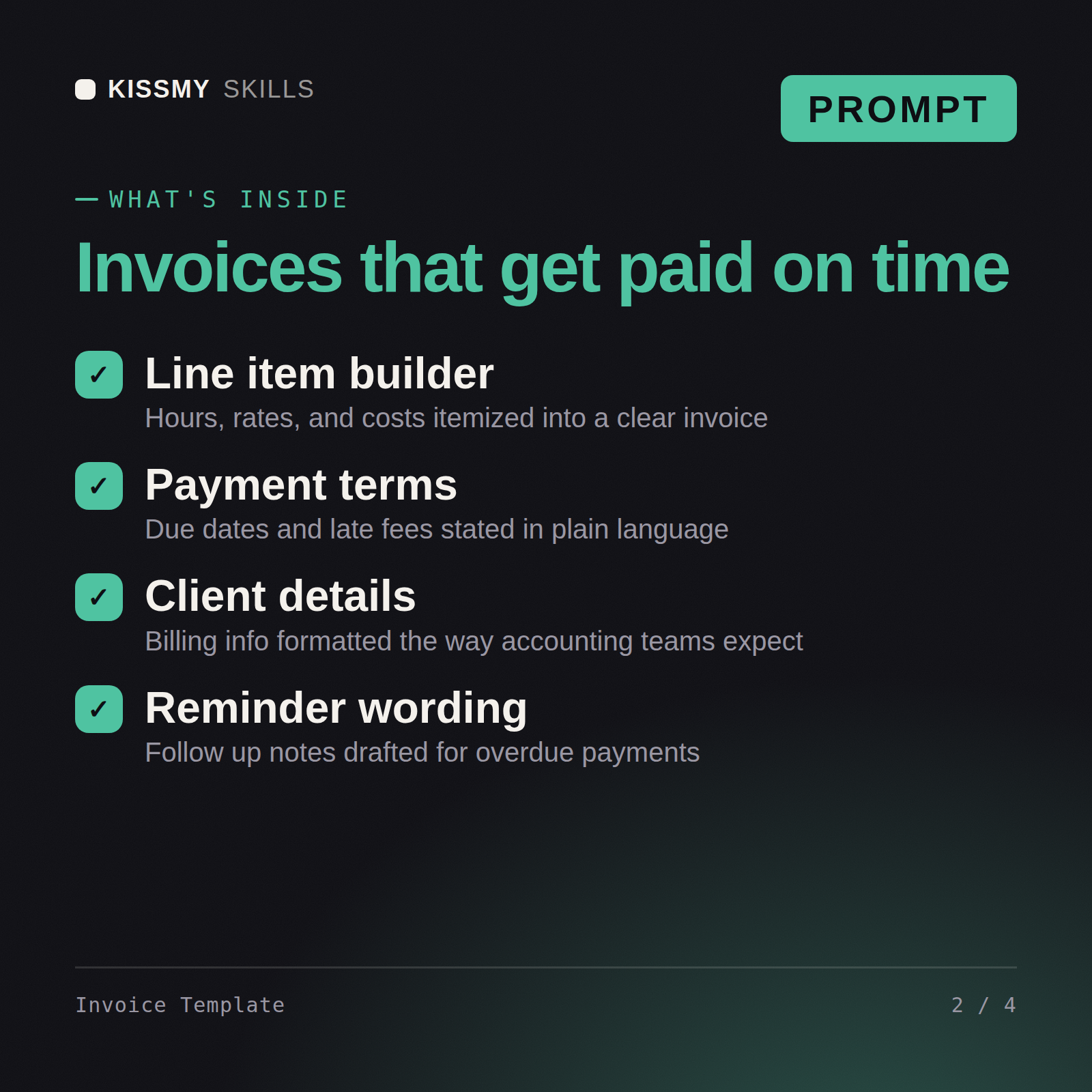 What's inside the Invoice Template AI prompt: Line item builder, Payment terms, Client details, Reminder wording