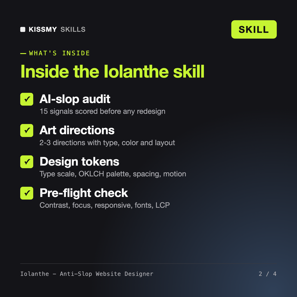 What's inside the Iolanthe - Anti-Slop Website Designer AI skill: AI-slop audit, Art directions, Design tokens, Pre-flight check