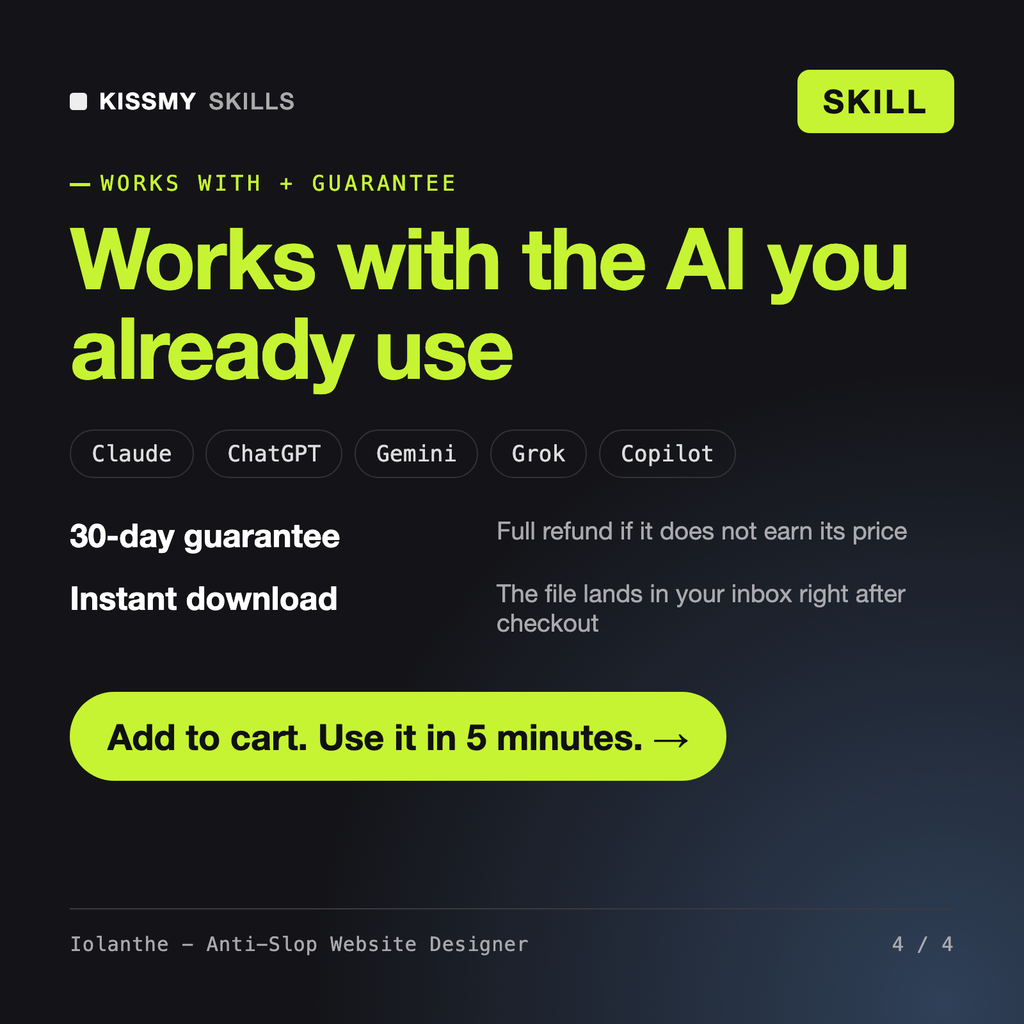 The Iolanthe - Anti-Slop Website Designer AI skill works with Claude, ChatGPT, Gemini and any AI chat, 30-day money-back guarantee