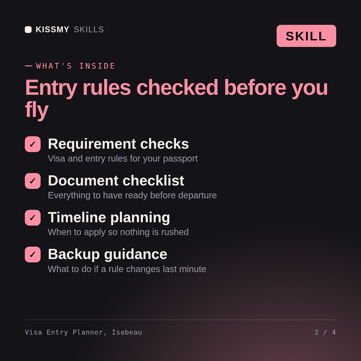 What's inside the Visa Entry Planner, Isabeau AI skill: Requirement checks, Document checklist, Timeline planning, Backup guidance