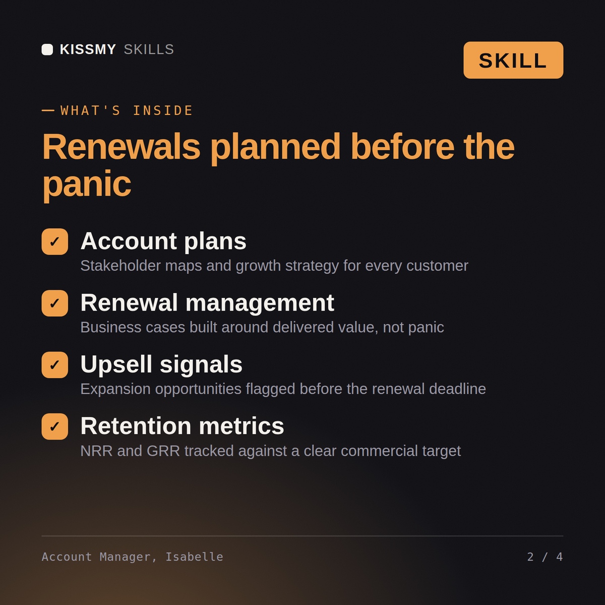 What's inside the Account Manager, Isabelle AI skill: Account plans, Renewal management, Upsell signals, Retention metrics