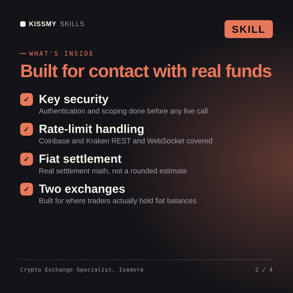 What's inside the Crypto Exchange Specialist, Isadora AI skill: Key security, Rate-limit handling, Fiat settlement, Two exchanges