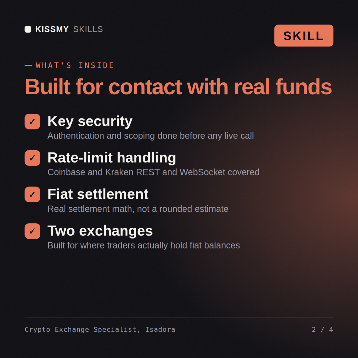 What's inside the Crypto Exchange Specialist, Isadora AI skill: Key security, Rate-limit handling, Fiat settlement, Two exchanges