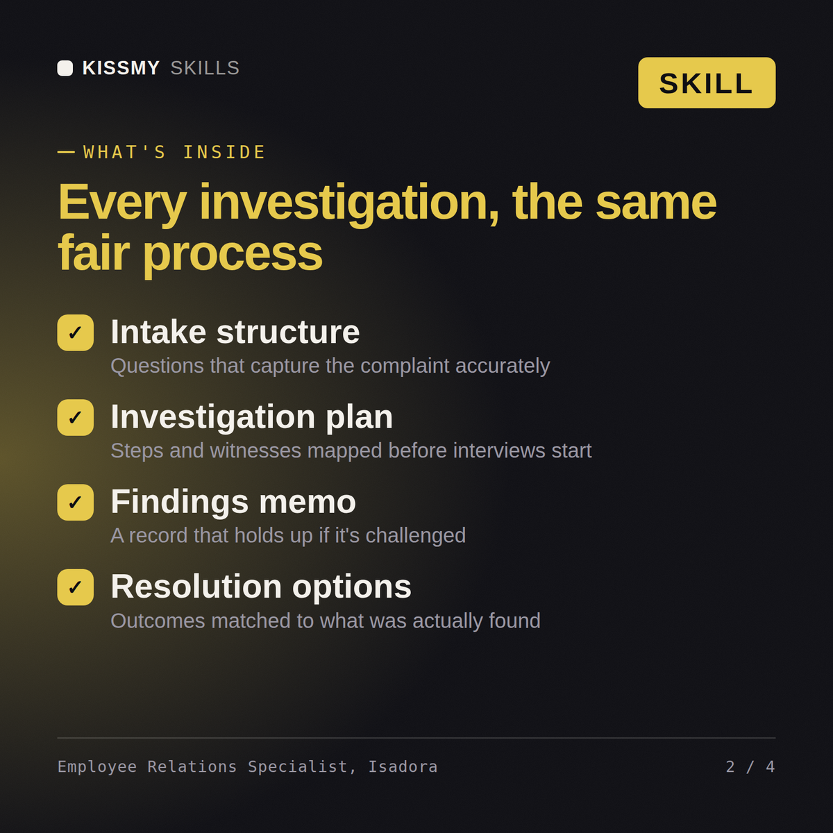What's inside the Employee Relations Specialist, Isadora AI skill: Intake structure, Investigation plan, Findings memo, Resolution options