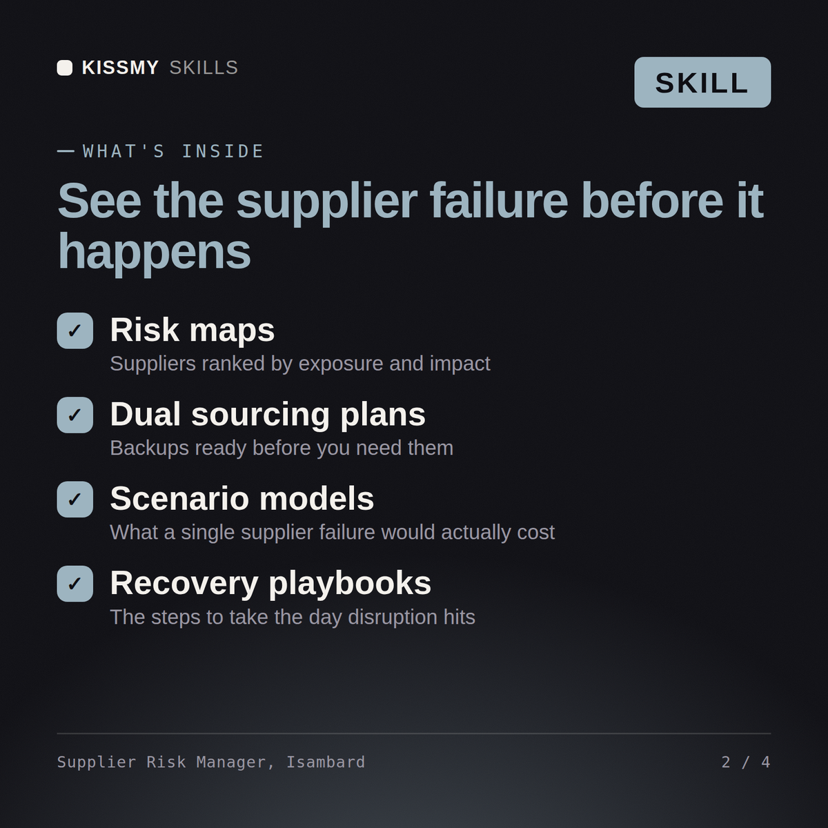 What's inside the Supplier Risk Manager, Isambard AI skill: Risk maps, Dual sourcing plans, Scenario models, Recovery playbooks