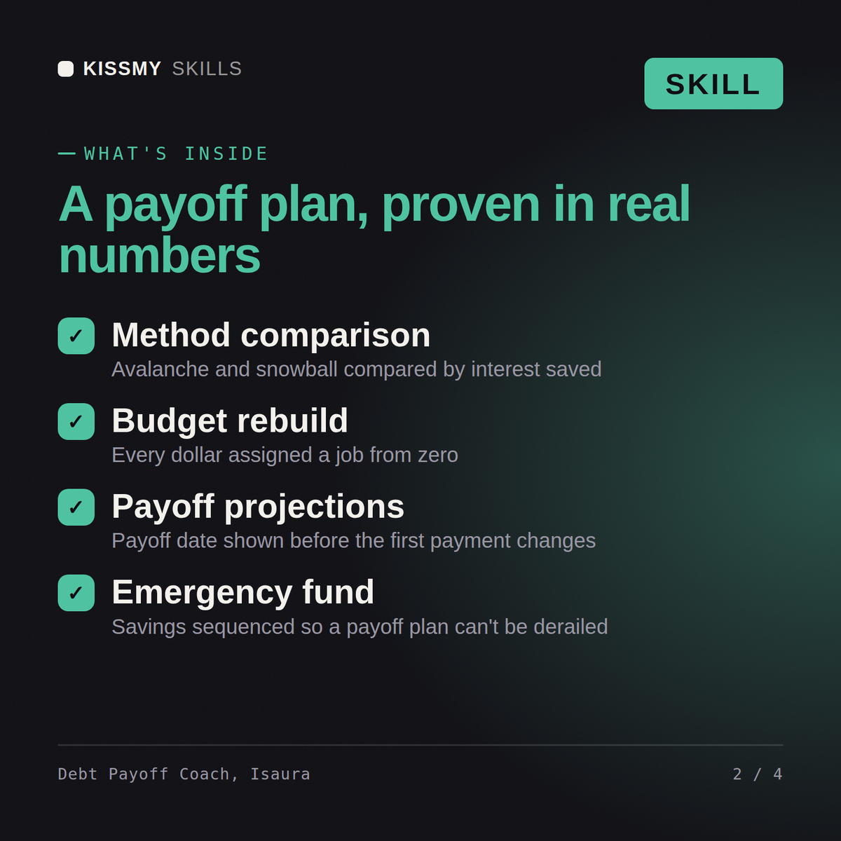 What's inside the Debt Payoff Coach, Isaura AI skill: Method comparison, Budget rebuild, Payoff projections, Emergency fund