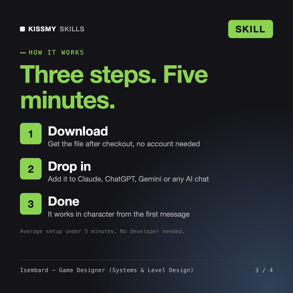 How the Isembard - Game Designer (Systems & Level Design) AI skill works in three steps: download, drop it into your AI chat, done