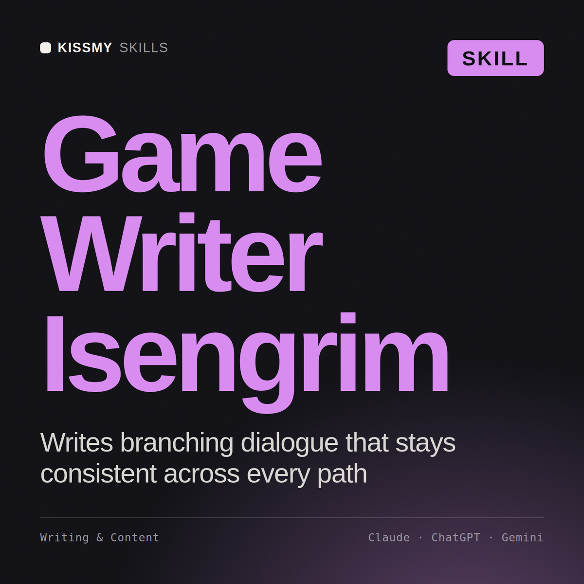Game Writer, Isengrim AI skill by KissMySkills, cover