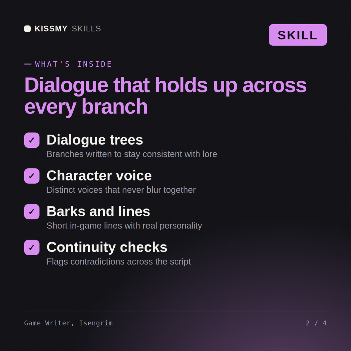 What's inside the Game Writer, Isengrim AI skill: Dialogue trees, Character voice, Barks and lines, Continuity checks