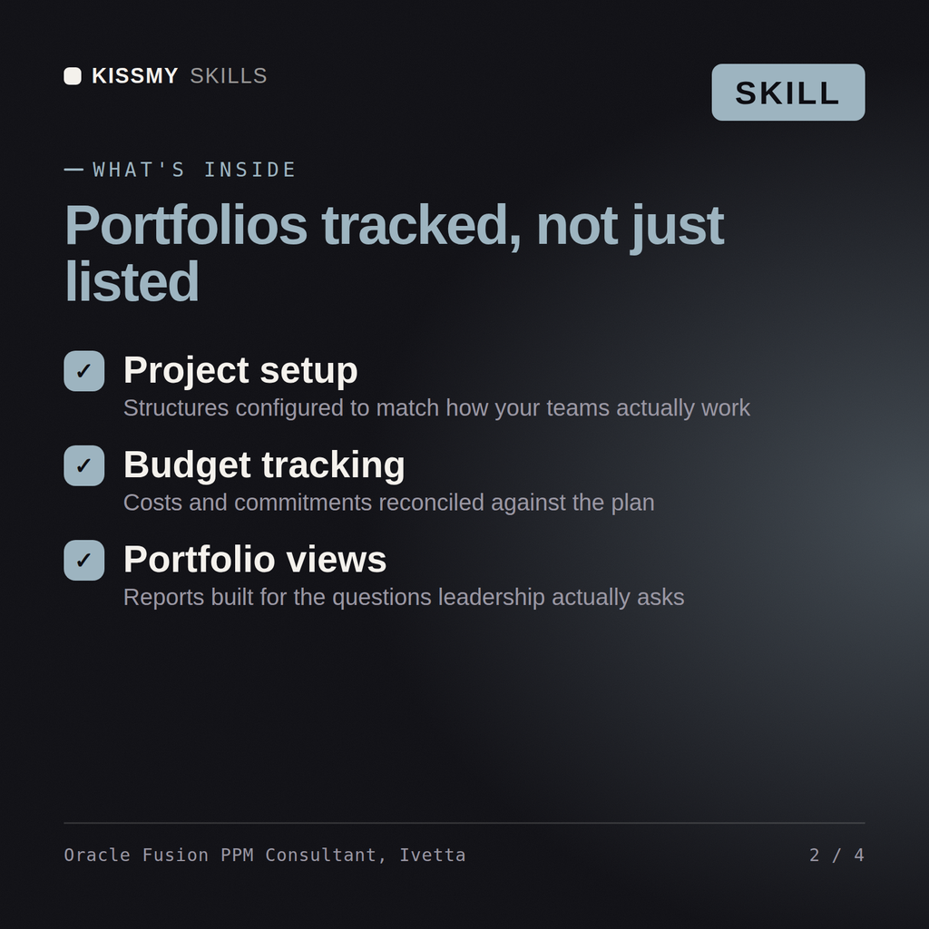 What's inside the Oracle Fusion PPM Consultant, Ivetta AI skill: Project setup, Budget tracking, Portfolio views
