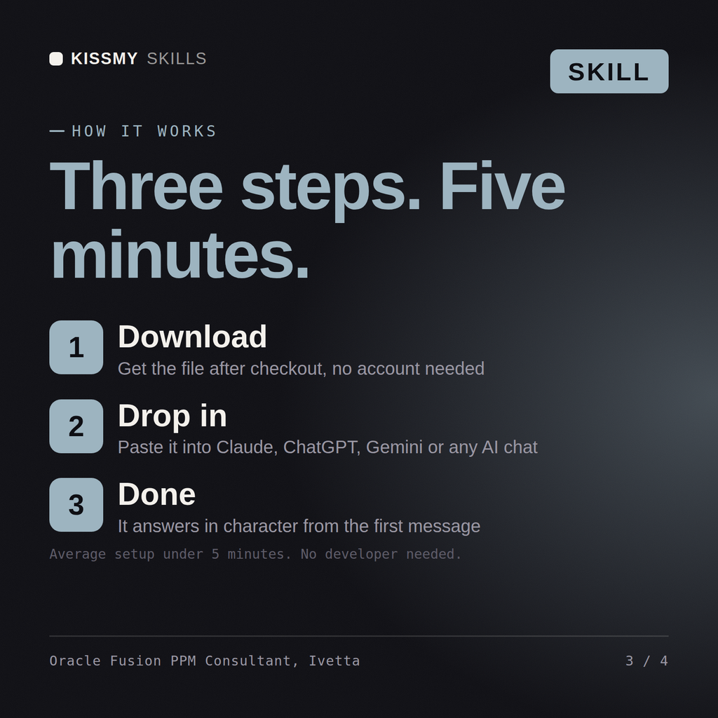 How the Oracle Fusion PPM Consultant, Ivetta AI skill works in three steps: download, drop it into your AI chat, done
